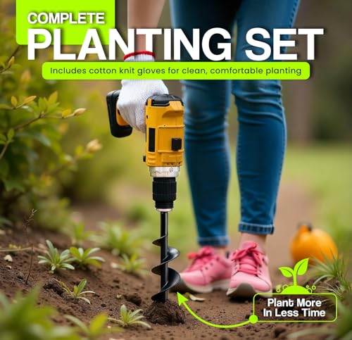 4pk Auger Drill Bit for Planting with Gloves - Heavy Duty Garden Spiral and Bulb Planter Tool for Digging Holes - Compatible with 3/8 Inch Hex Drive (1.6 x 8.6 + 3 x 12 + 2 x 14.5 + 2.6 x 16.5 Inch) - size: 1.6 x 8.6 + 3 x 12 + 2 x 14.5 + 2.6 x 16.5 Inch