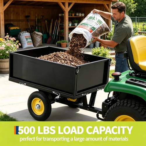 500 LBS Heavy-Duty Steel Dump Cart,Tow-Behind ATV & Lawn Tractor Utility Trailer with Removable Tailgate, 17 Cu.Ft Capacity Garden Cart for Lawn, Garden, Landscaping & Hauling, Fits ATV, UTV