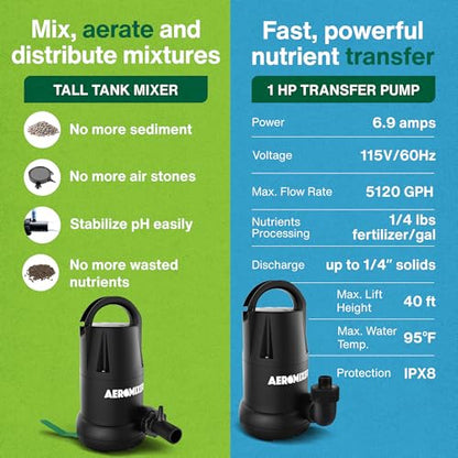 Aeromixer Tall Tank 3/4 HP Submersible Mixing & 1 HP Transfer Pump Bundle | Dual Electric Pumps, Outdoor Use, Reservoir Circulation, Installation Accessories, Nutrient Management, Farming and Gardening