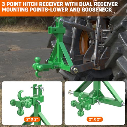 Green 3 Point Hitch Receiver with Dual 2” Receiver Fit Category 1 Tractors