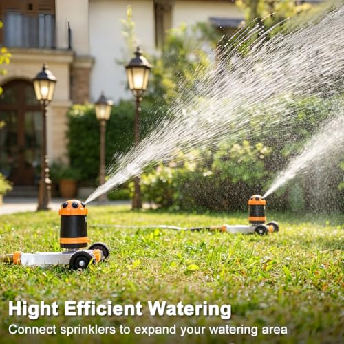 FANHAO Gear Drive Sprinkler with Metal Wheel Base, Portable Lawn Sprinkler