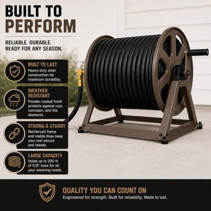 Dual Floor and Wall Mounted Garden Hose Reel, Holds 200ft of Water Hose, Heavy Duty Metal Hose Reel, Space Saving Hose Reel Organizer for Yard, Garage & Shed (Brown) - color: Brown