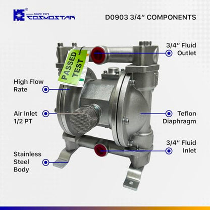 COSMOSTAR D0903 3/4" Double Air Diaphragm Pump, Aluminum Body, Teflon Ball, seat and Diaphragm, Pump Muffler, Pump, Chemical Pump, Waste Oil Pump, Pneumatic Oil Pump, Diaphragm Pumps - size: D0903 3/4" Aluminum