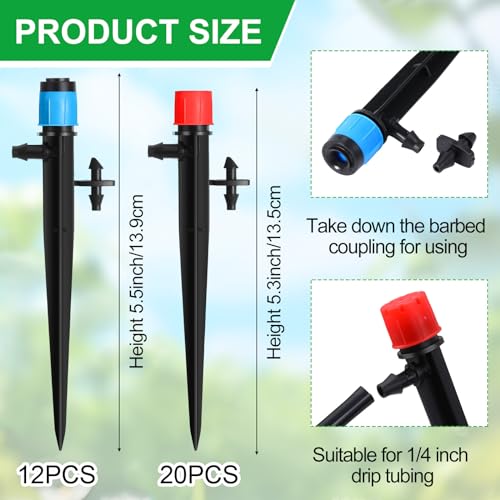 SiliFine 32 Pcs Drip Irrigation Emitters Garden Drip Emitters for 1/4 Inch Tubing Irrigation Drippers Sprayer 360 Degree Water Flow Drippers for Garden Flower Bed(Red and Blue,Double Hook) - style: Double Hook