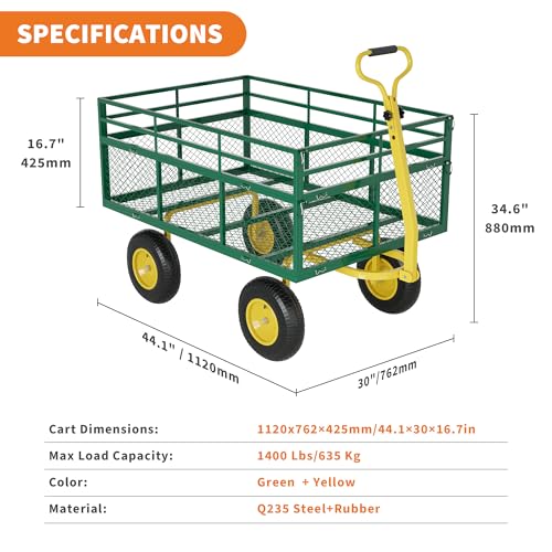 Heavy Duty Steel Garden Cart,with 10" Multi-Terrain Tires & 180° Swivel Handle, 4 Removable Mesh Sides,1400 lbs Capacity Utility Wagon for Lawn, Yard, Farm,Green Yellow - size: 1400 LBS Yellow