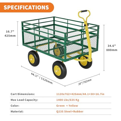 Heavy Duty Steel Garden Cart,with 10" Multi-Terrain Tires & 180° Swivel Handle, 4 Removable Mesh Sides,1400 lbs Capacity Utility Wagon for Lawn, Yard, Farm,Green Yellow - size: 1400 LBS Yellow