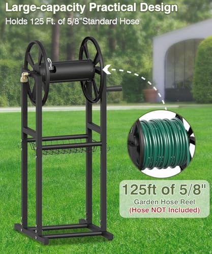 Freestanding Garden Hose Reel holds 125ft Hose of 5/8" with 4 Hooks, 4-Spike Outdoor Hose Holder with 3.9ft Leader Hose & Brass Fitting, Detachable Metal Hose Stand with Storage Rack, Black - color: Black