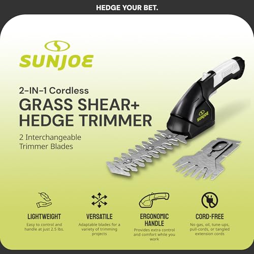 Sun Joe Cordless 2-in-1 Grass Shear Hedge Trimmer, 7.2V, 4in/6in Blade