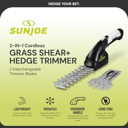 Sun Joe Cordless 2-in-1 Grass Shear Hedge Trimmer, 7.2V, 4in/6in Blade