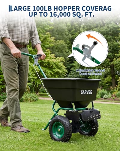 Garvee 100LBS Push Lawn Spreader, Broadcast Spreader with Hopper Grate - color: 100LB+Green