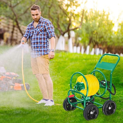 Goplus Garden Hose Reel Cart, Heavy Duty Water Planting Cart w/Non-slip Crank Handle, 4 Solid Wheels, Outdoor Hose Reel Holds 330FT of 3/4", 5/8” & 400FT of 1/2" Hose for Garden Yard Lawn Farm (Green)