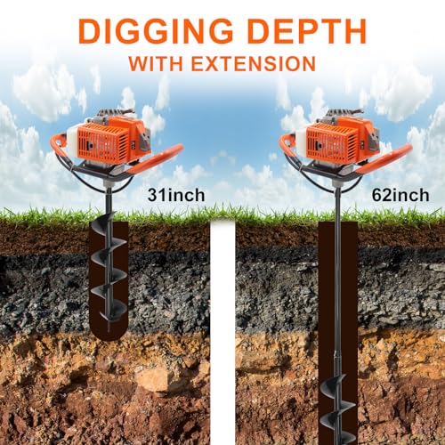 72CC Gas Powered Post Hole Digger with 3 Drill Bits (4", 6", 12") & 2 Ext - style: 72CC+3 auger(4"6"12")+2 Stroke