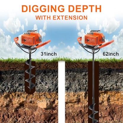 72CC Gas Powered Post Hole Digger with 3 Drill Bits (4", 6", 12") & 2 Ext - style: 72CC+3 auger(4"6"12")+2 Stroke