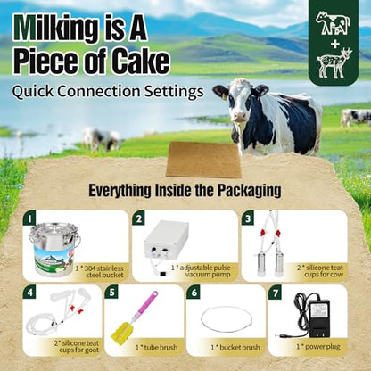 2-in-1 Upgrade 1.3Gal/5L Portable Electric Milker, Milking Machine for Cows and Goats with Food-Grade Stainless Steel Bucket, 4 Teat Cups and Pulsation Vacuum System for Farm, Ranch and Home Dairy Use - size: 5L Two-in-One Milking Machine