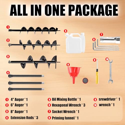 52cc Gas Post Hole Digger 1800W with 3 Bits & 3 Extensions