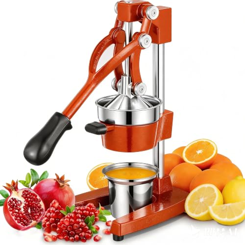 Commercial Heavy Duty Cast Iron Hand Press Manual Orange Citrus Lemon Lime Grapefruit Pomegranate Fruit Juice Squeezer Machine with Stainless Steel Cup - color: Orange, size: 15 Inch