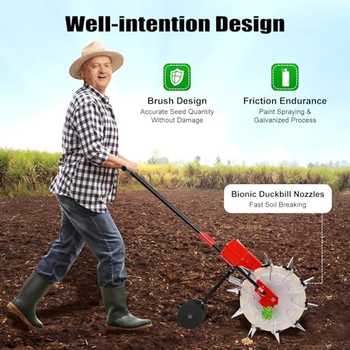 Hand Push Garden Seeder Planter, Manual Seed Sower with 10 Nozzles, Adjustable Seeding Depth & Quantity, Precision Roller Seeder for Corn Soybean Peanut Vegetable