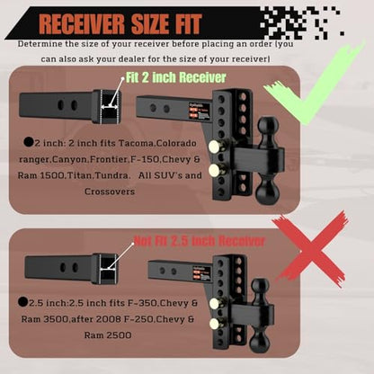 2" Adjustable Trailer Hitch with Tightener, 6-Inch Rise/Drop - size: 6 inch