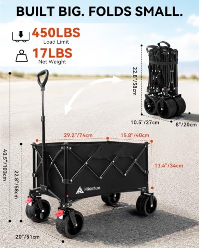Hikenture Foldable Beach Wagon with Big Wheels for Sand, 450 lbs Capacity