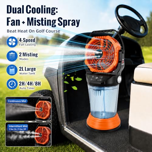 Roykaw Golf Cart Misting Fan with 2L Water Tank and 3 Mist Nozzles, 48+Hrs Long Runtime & Fast Cooling, 4 Powerful Wind Speed/LED Light, Cooling Outdoor Fan for Camping Golfing Fishing and Beach