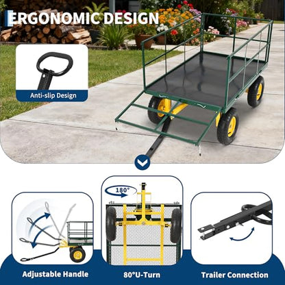 3-in-1 Heavy Duty Garden Cart, 1500 LBS Capacity Utility Wagon with 13 Inch All-Terrain Pneumatic Tires, Removable Side Panels & 180° Adjustable Handle, Convertible Flatbed Trailer for Lawn Yard Farm - color: Green, size: 1500 Lbs