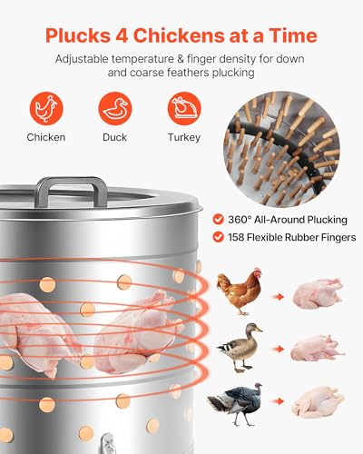 VEVOR Chicken Plucker Machine, 25.6 in Drum, 1200W & 275RPM Electric Chicken Plucking Machine with 158 Soft Fingers & Transport Wheels, Stainless Steel Feather Remover for Processing 4 Chicks Once - color: 3 Legs & 25.6 in