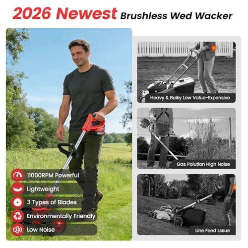 ALSO GO 24V Electric Weed Wacker with Wheels, Grass Trimmer Cordless - color: Bright Red
