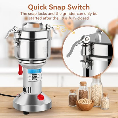 Electric Grain Mill Grinder, 2000W High-Speed 750g 304 Stainless Steel Professional grain mill for flour & Spice Grinder for Kitchen and Coffee Shop - Grinds Grains, Coffee, Dry Spices, Easy Operation - size: 750G