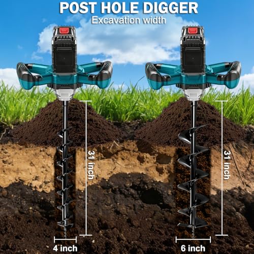 Auger Post Hole Digger,Post Hole Auger,Electric Earth Auger,Includes 2 Drill bit.Two Batteries and Dual-Port Fast Charger,Forward/Reverse Function,for Post Hole Digging,Drilling,Tree Planting - size: 4″+ 6″