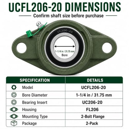 UCFL206-20 Pillow Block Flange Bearing, 1-1/4" Bore, 2-Pack