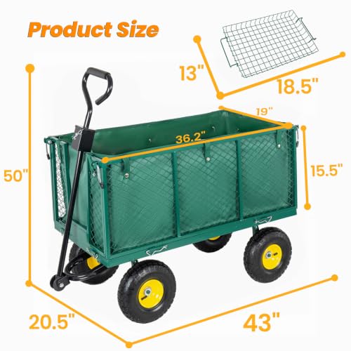 Heavy Duty Garden Wagon Cart, Flatbed Garden Cart, Outdoor Yard Farm Carts, 3 in 1 Utility Pull Wagon with Removable Sides, 880 lbs Capacity, 10 Inch All Terrain Rubber Wheels (Green) - color: Green