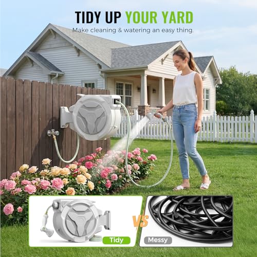 Retractable Garden Hose Reel 1/2"x100ft Wall Mount with 10-Function Nozzle - color: White