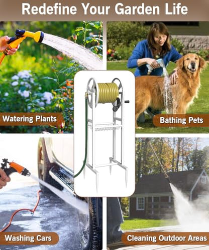 Garbuildman Ground Mount Garden Hose Reel Holds 125 Feet of 5/8-Inch with 3.9 ft Leader Hose, Brass Fitting, Water Hose Holder Stand with Storage Rack & 4 Spikes Base for Outdoor Lawn, White - color: White