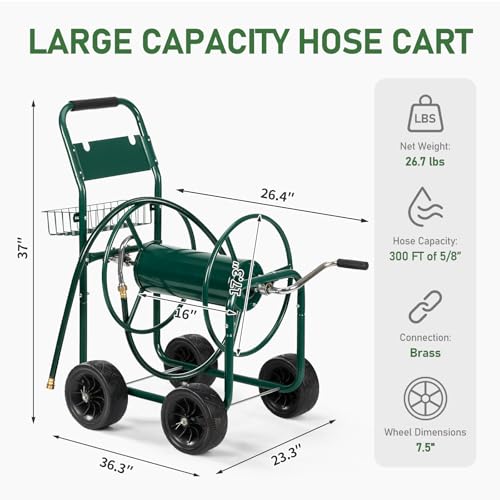 VINGLI 300FT 4-Wheel Garden Hose Reel Cart with Storage Basket, Portable Residential Hose Reel Cart, Lawn Watering, for Garden Backyard and Farm (Green) - color: Green 300ft- 4 Wheel