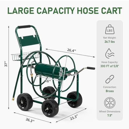 VINGLI 300FT 4-Wheel Garden Hose Reel Cart with Storage Basket, Portable Residential Hose Reel Cart, Lawn Watering, for Garden Backyard and Farm (Green) - color: Green 300ft- 4 Wheel