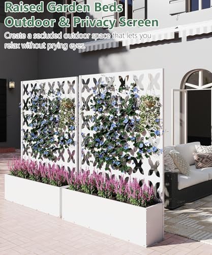 2PCS Metal Planter Box with Trellis,70.9"x47.2"x15.7" Raised Garden Bed with Drainage Holes, Privacy Planters for Outdoor Garden Bed for Climbing Plants,Vegetables,and Vines, White-X - color: White