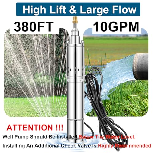3" Deep Well Submersible Pump, 1HP 220V Deep Well Pump Submersible Water Pump for Industrial Irrigation and Home,33FT Power Cord, 380FT Lift, 10GPM, Screw Water Pump with Check Valve,Long Life - size: 3"-220V