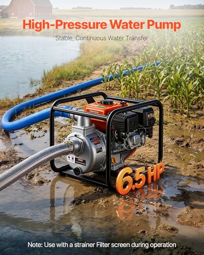 VEVOR Gas Powered Water Pump, 2 in, 132 GPM 6.5HP Semi Trash Water Transfer Pump Portable, Gasoline Engine with 25 ft Discharge Hose, Heavy Duty Frame, Cast Iron Impeller, for Irrigation, Ponds, Pools - size: 2in 6.5 HP 132GPM