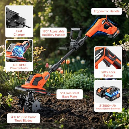 21V Cordless Tiller Cultivator, 6000mAh Battery Powered Tiller, 400RPM Electric Tiller for Gardening, 9.5" Width, 7" Depth for Soil Preparation, Lightweight Garden Rototiller for Lawn/Soil Cultivation