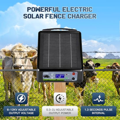 20 Miles Solar Electric Fence Charger Kit, 0.3-2.0J Adjustable, LED - color: Black