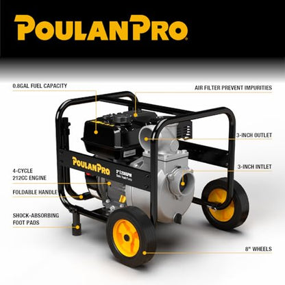 Poulan Pro Semi Trash Pump 3 Inch with Wheels,212cc 4-cycle Engine,238GPM - size: 3 inch with wheels