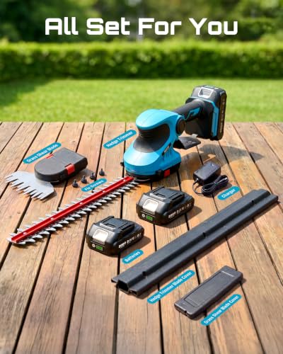 Seesii 2-in-1 20V Cordless Hedge Trimmer 12" & Grass Shear, 2 Batteries - color: Blue