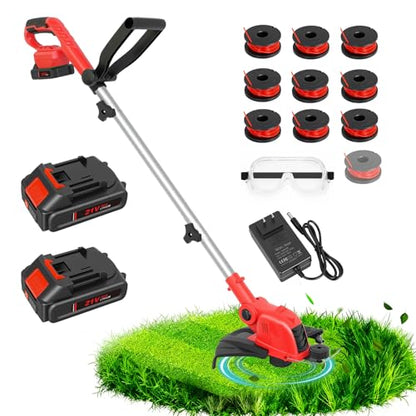 21V Electric Weed Wacker & Edger Lawn Tool Auto-Feed with 2.0Ah X 2 Battery - color: Scarlet