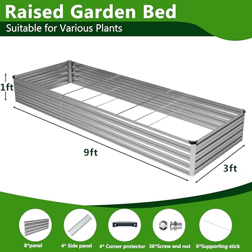 2PCS 9x3x1ft Galvanized Raised Garden Bed,Outdoor Planter Box Metal Patio Kit Planting Bed for Vegetables Flowers Herb,Silver - size: 9x3x1(2PCS), style: Sliver