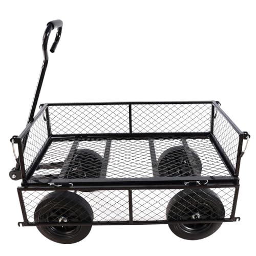 1000 lbs Heavy Duty Steel Garden Cart, 2-in-1 Convertible Utility Wagon with Removable Mesh Sides & Flatbed, 10" Solid No-Flat Tires, 180° Rotating T-Handle Yard Cart for Lawn, Farm, Warehouse,Black - color: Black