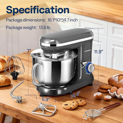 VIVOHOME Stand Mixer, 6-Quart Tilt-Head Kitchen Mixer with Bowl, Gray - color: Gray