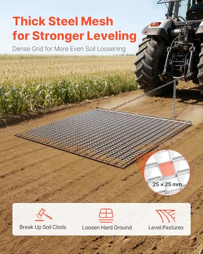 VEVOR Baseball Field Drag Mat, Field Drag, Yard Drag for ATVs UTVs Tractors, Durable Galvanized Steel Mesh Drag Mat with Towing Chain, for Gravel Driveway Ruts Farm Field Leveling - size: 48.03 x 48.03 x 0.39"