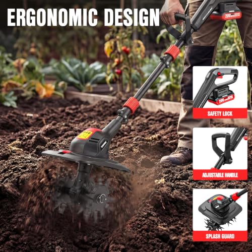 EWORK 20V Cordless Tiller Cultivator, Electric Hand Tiller for Gardening