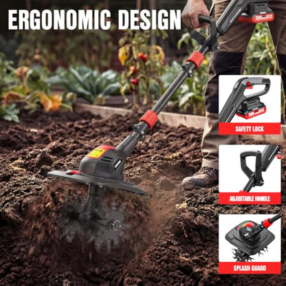 EWORK 20V Cordless Tiller Cultivator, Electric Hand Tiller for Gardening