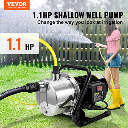 VEVOR Shallow Well Pump, 1.1 HP 115V, 978 GPH 131 ft Height, 40psi Max Pressure, Portable Stainless Steel Sprinkler Booster Jet Pumps for Garden Lawn Irrigation system, Lake Fountain, Water Transfer - style: 1.1 HP with Handle